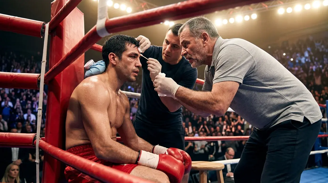Boxer in der Ringecke während der Rundenpause, Trainer gibt Anweisungen