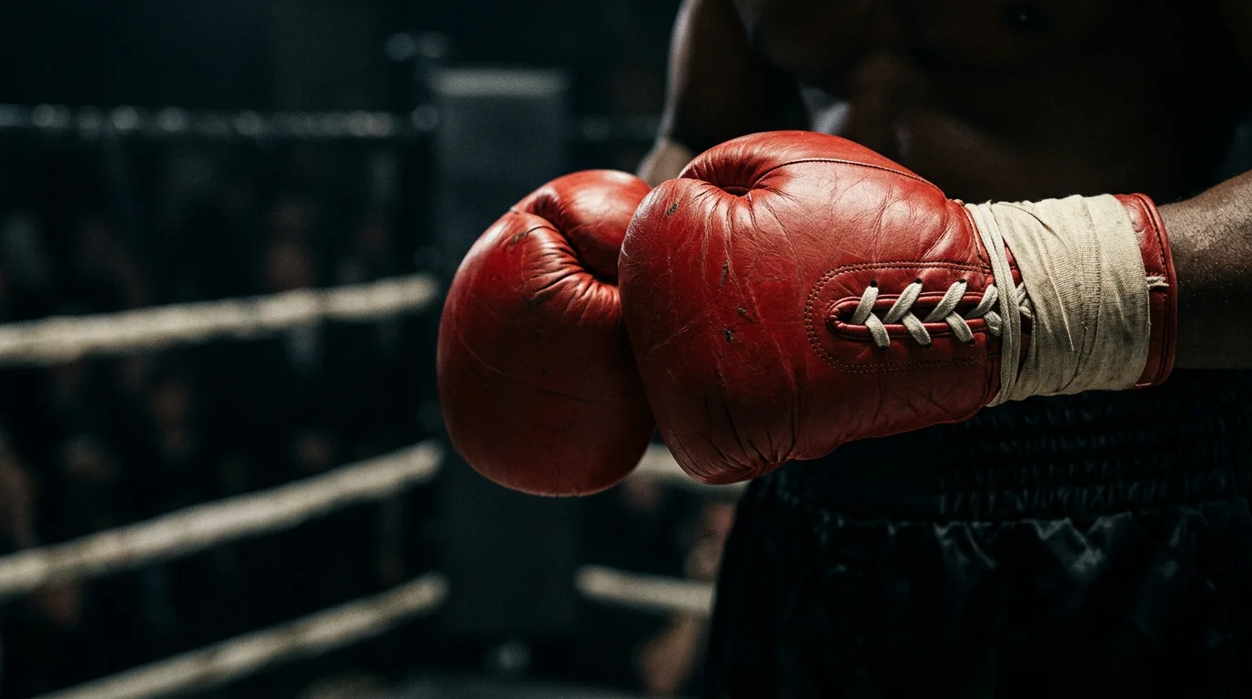 Nahaufnahme eines Boxers mit Handschuhen in Kampfstellung im Ring