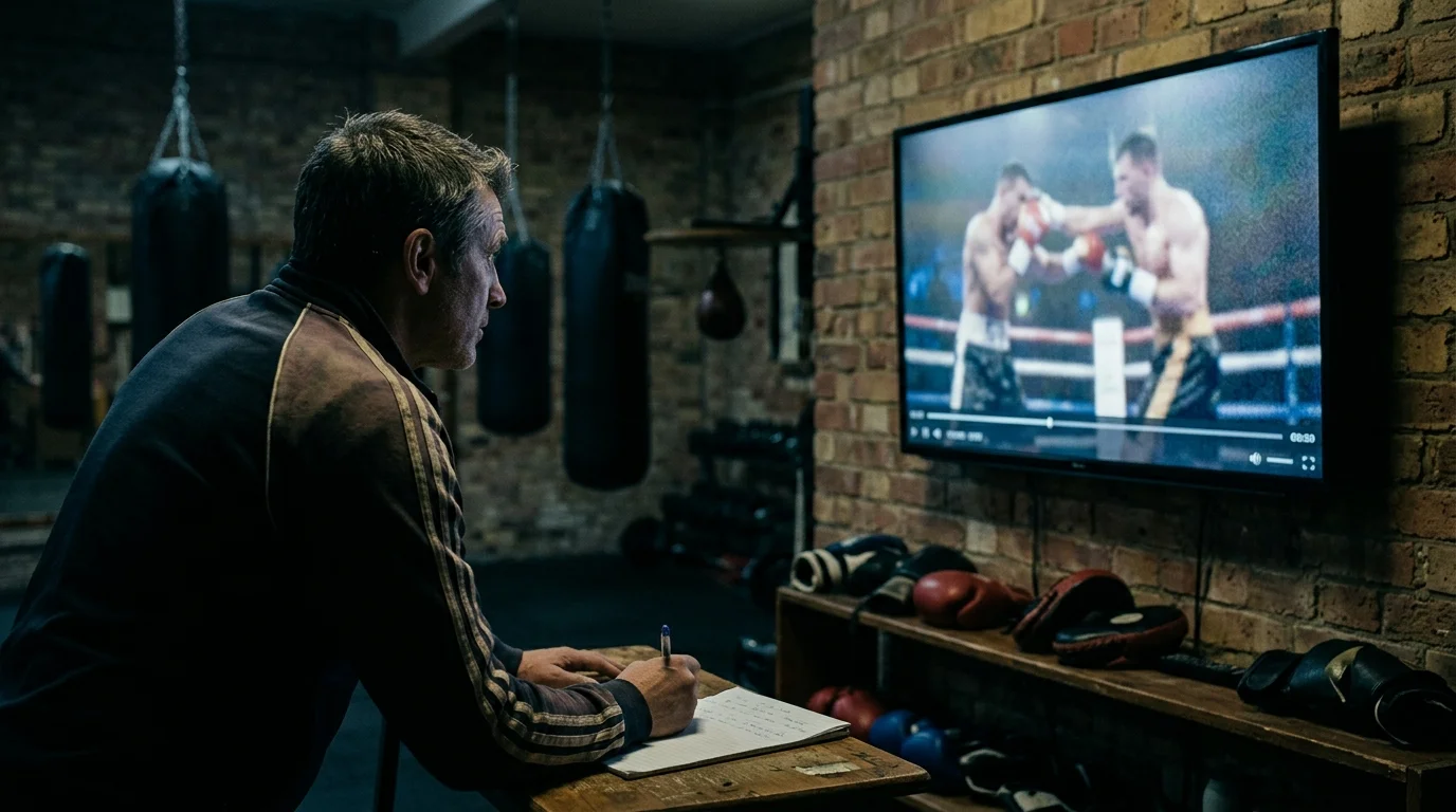 Trainer analysiert Kampfaufnahmen eines Boxers auf einem Bildschirm